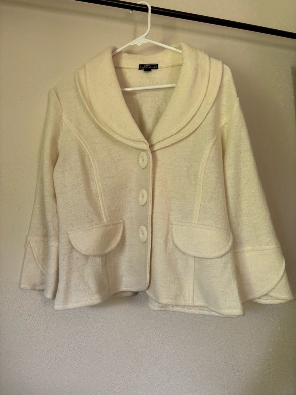 Lisa International Cream Shawl-Collar Button Front Boiled Wool Jacket